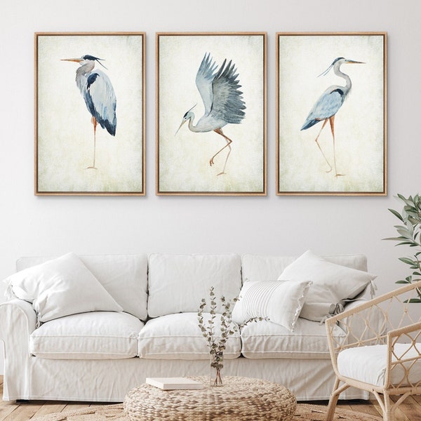 Framed Canvas Wall Art Set of 3 Blue Heron Bird Animal Prints Chinoiserie Wall Art Modern Farmhouse Wall Decor for Living Room