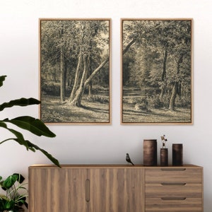 Framed Canvas Wall Art Set of 2 Rustic Forest Landscape Prints Nature Modern Art Vintage Home Decor