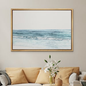 Framed Canvas Wall Art Blue Beach Ocean Photography Prints Minimalist Modern Art Coastal Room Decor