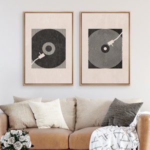 Framed Canvas Wall Art Set of 2 Abstract Geometric Music Record Player Prints Mid Century Modern Wall Art Minimalist Decor