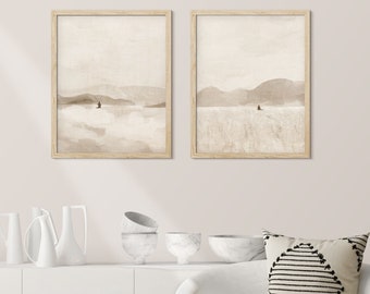 Framed Gallery Wall Art Prints Set of 2 Beige Abstract Mountain Landscape Prints Minimalist Modern Art Neutral Living Room Decor