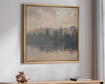 Framed Canvas Wall Art Print Abstract Forest Lake Landscape Art Prints Neutral Minimalist Modern Wall Art Living Room Decor