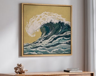 Framed Canvas Wall Art Print Abstract Ocean Wave Line Art Prints Beach Coastal Minimalist Modern Art Living Room Decor