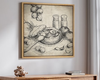 May include: A black and white sketch of a bowl of soup with a side of bread, onions, and salt and pepper shakers. The sketch is on a beige background.