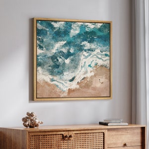 Framed Canvas Wall Art Print Abstract Blue Beach Ocean Wave Photography Prints Minimalist Modern Art Coastal Living Room Decor