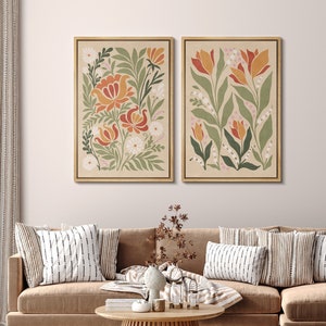 Framed Canvas Wall Art Prints Set of 2 Colorful Wildflower Botanical Floral Wall Art Mid Century Modern Boho Wall Art Living Room Decor