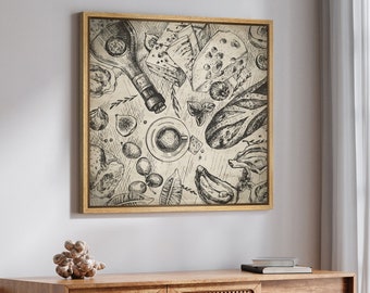 Framed Canvas Kitchen Wall Art Print, Bar Cart Wall Art, Dining Room Wall Art, Cocktail Print, Abstract Wall Art, Sketch Art Print