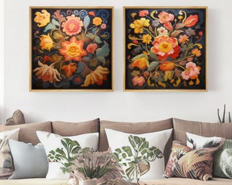 Framed Canvas Wall Art Set of 2 Flowers Bouquet Floral Botanical Prints Mid Century Modern Art Boho Wall Decor