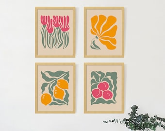 Vintage Posters, Gallery Wall Art Prints Set, Abstract Flower Art Print, Fruit Print, Botanical Floral Print, Minimalist Decor
