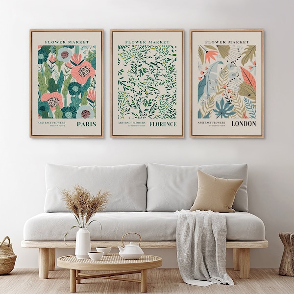 Framed Canvas Wall Art Set of 3 Flower Market Abstract Floral Botanical Prints Minimalist Modern Art Boho Decor