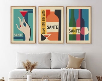Framed Canvas Wall Art Set of 3 Cocktail Wine Prints Mid Century Modern Wall Art Vintage Kitchen Wall Decor