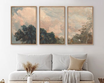 Framed Canvas Wall Art Set of 3 Cloudy Sky Abstract Trees Print Modern Vintage Art Rustic Minimalist Decor