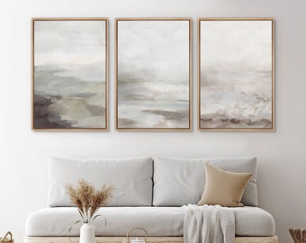 Framed Canvas Wall Art Set of 3 Gray Abstract Print Modern Art Minimalist Neutral Decor