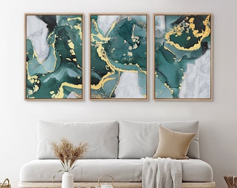 Framed Canvas Wall Art Set of 3 Emerald Green Gold Abstract Prints Minimalist Modern Wall Art Decor