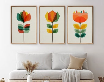 Framed Canvas Wall Art Set of 3 Abstract Geometric Flowers Prints Mid Century Modern Wall Art Minimalist Decor