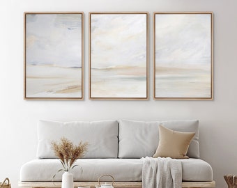 Conjunto de arte de pared de lienzo enmarcado de 3 impresiones de playa abstractas grises Arte moderno minimalista Decoración de pared neutra