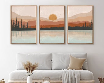 Framed Canvas Wall Art Set of 3 Sunset Forest Landscape Abstract Illustrations Prints Modern Art Minimalist Boho Wall Decor