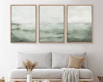 Framed Canvas Wall Art Prints Set of 3 Abstract Sage Green Wall Art Minimalist Modern Wall Art Living Room Decor