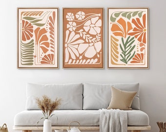 Abstract Boho Floral Wall Art Set of 3, Framed Minimalist Flower Botanical Canvas Prints, Mid Century Modern Decor for Living Room