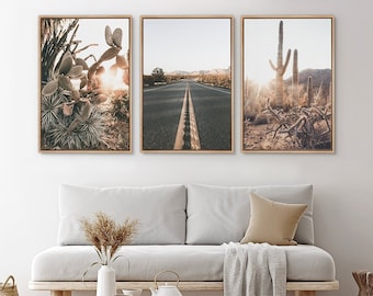 Framed Canvas Wall Art Set of 3 Cactus Desert Landscape Texas Road Photography Prints Minimalist Modern Art Western Decor