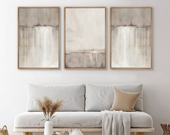 Framed Canvas Wall Art Set of 3 Beige Grey Abstract Landscape Prints Modern Art Minimalist Neutral Decor