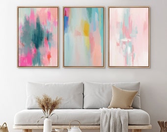 Framed Canvas Wall Art Prints Set of 3 Abstract Colorful Painting Print Minimalist Modern Boho Wall Art Preppy Room Decor