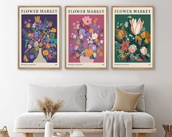 Framed Canvas Wall Art Set of 3 Flower Market Abstract Floral Botanical in Vases Prints Minimalist Modern Art Boho Decor