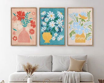 Framed Canvas Wall Art Set of 3 Abstract Floral Botanical in Vases Prints Minimalist Modern Art Boho Girl's Decor