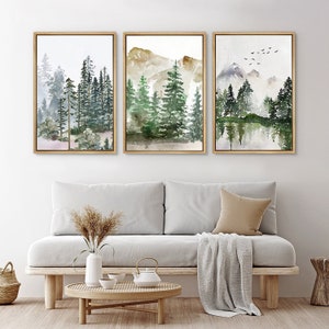 Framed Canvas Wall Art Set of 3 Sage Green Forest Mountain Nature Landscape Prints Minimalist Modern Art Woodland Nursery Decor