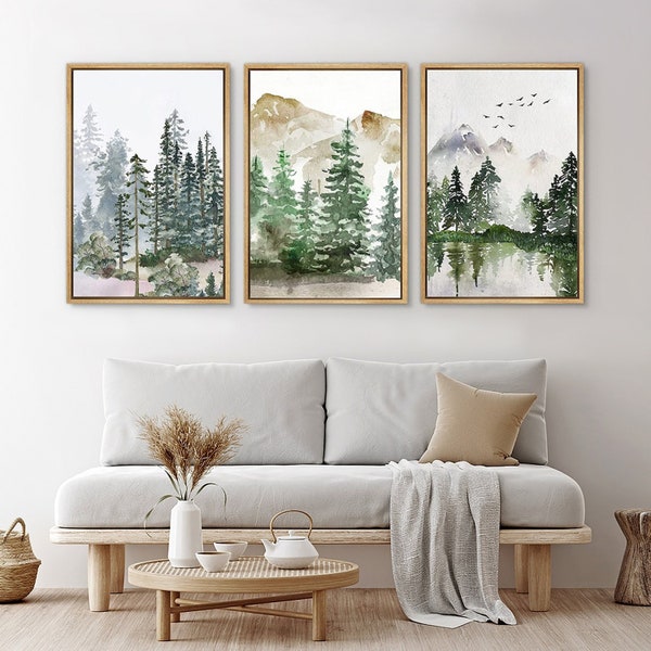 Watercolor Forest Mountain Wall Art Set of 3, Framed Pine Tree Landscape Canvas Print, Cabin Nature Decor for Living Room