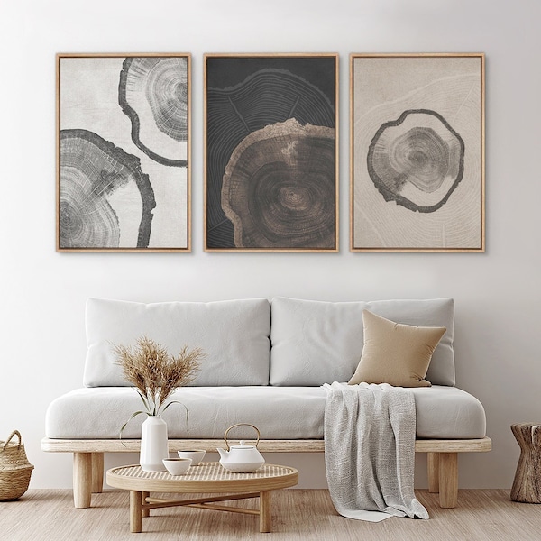 Framed Canvas Wall Art Set of 3 Wood Tree Rings Abstract Illustrations Prints Minimalist Modern Wall Art Neutral Boho Decor