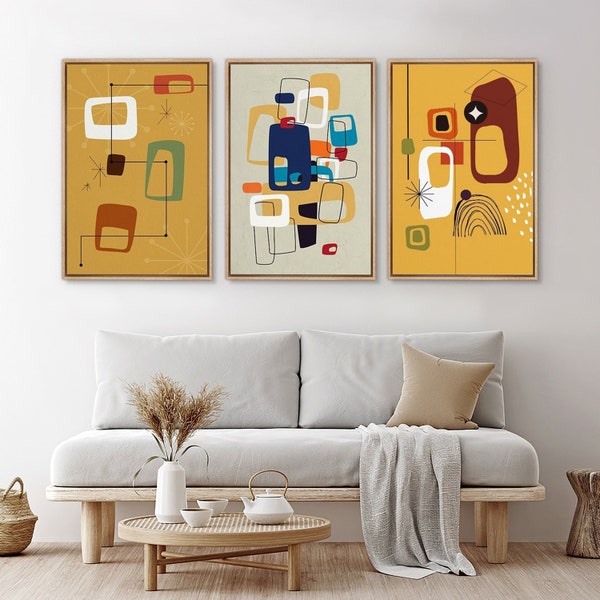 Framed Canvas Wall Art Set Colorful Polygon Collage Abstract Shapes Prints Mid Century Modern Wall Art Minimalist Boho Decor