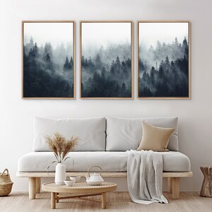 Framed Canvas Wall Art Set of 3 Misty Forest Mountain Landscape Print Modern Art Nature Wall Decor