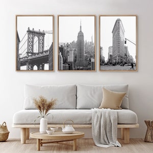 Framed Canvas Wall Art Set of 3 Black and White New York City Architecture Scenes Travel Prints Minimalist Modern Wall Art Decor
