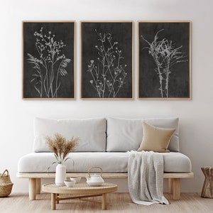 Abstract Botanical Art Set of 3 Prints, Boho Gray Beige