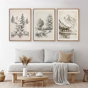 Framed Canvas Wall Art Set of 3 Sketch Country Nature Landscape Prints Modern Farmhouse Wall Art Woodland Forest Wall Decor