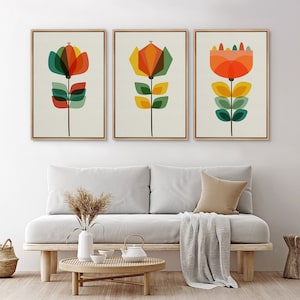 Framed Canvas Wall Art Set of 3 Abstract Geometric Flowers Prints Mid Century Modern Wall Art Minimalist Decor