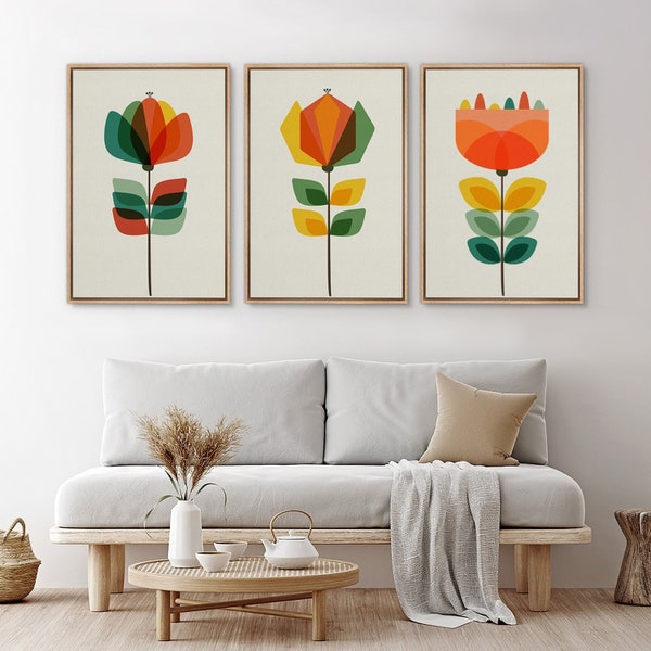 Framed Canvas Wall Art Set of 3 Abstract Geometric Flowers Prints Mid Century Modern Wall Art Minimalist Decor