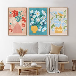 Framed Canvas Wall Art Set of 3 Abstract Floral Botanical in Vases Prints Minimalist Modern Art Boho Girl's Decor