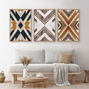 Framed Canvas Set of 3 Western Wall Art Prints Abstract Wood Panel Geometric Art Printed Boho Modern Wall Art Living Room Decor