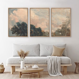 Framed Canvas Wall Art Set of 3 Cloudy Sky Abstract Trees Print Modern Vintage Art Rustic Minimalist Decor
