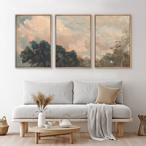Framed Canvas Wall Art Set of 3 Cloudy Sky Abstract Trees Print Modern Vintage Art Rustic Minimalist Decor