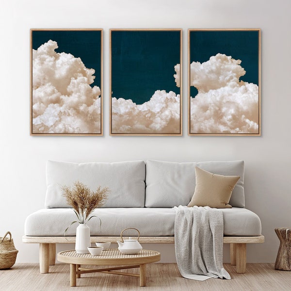 Framed Canvas Wall Art Set of 3 Pastel Cloud Navy Blue Sky Nature Landscape Prints Minimalist Modern Art Nature Wall Decor