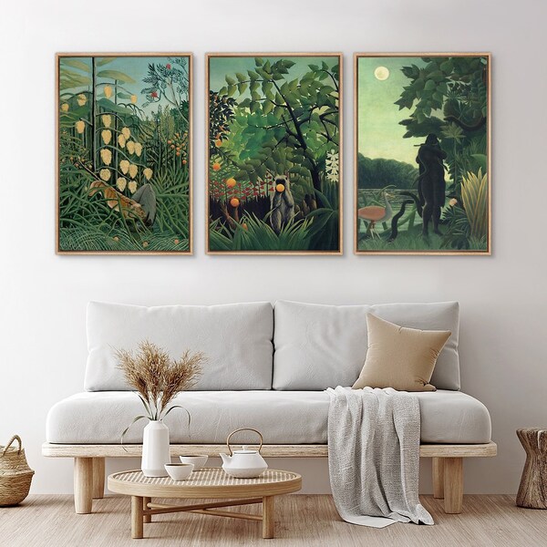 Framed Canvas Wall Art Set of 3 Green Tropical Jungle Floral Botanical by Henri Rousseau Prints Modern Art Emerald Green Wall Decor