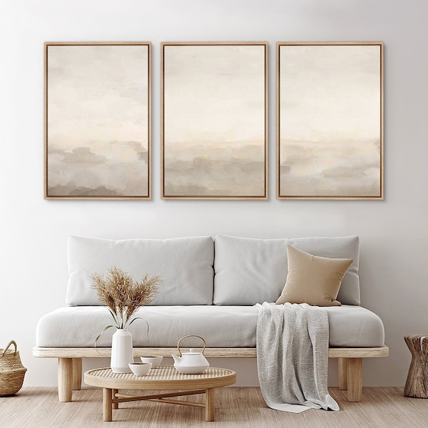 Framed Neutral Abstract Wall Art, Minimalist Beige Landscape Canvas Prints, Modern Calm Decor for Living Room Bedroom