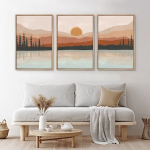 Framed Canvas Wall Art Set of 3 Sunset Forest Landscape Abstract Illustrations Prints Modern Art Minimalist Boho Wall Decor