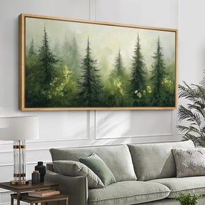 Large Wall Art, Misty Pine Forest oil Painting, Evergreen Tree Landscape prints, Woodland Greenery Artwork, Rustic farmhouse Wall Decor