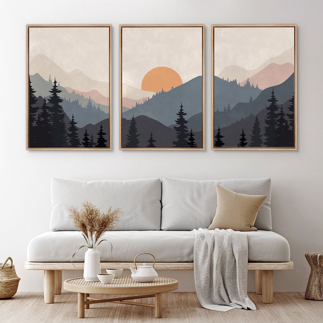 Framed Canvas Wall Art Set of 3 Sunset Mountain Landscape - Etsy
