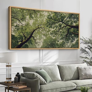 Large Forest Canopy Framed Wall Art, Green Tree Branch Canvas Print, Panoramic Woodland Nature Decor for Bedroom