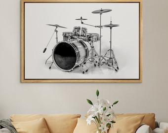 Framed Canvas Wall Art Black and White  Chrome Drum Set Music Instruments Photography Print Minimalist Modern Wall Art Decor